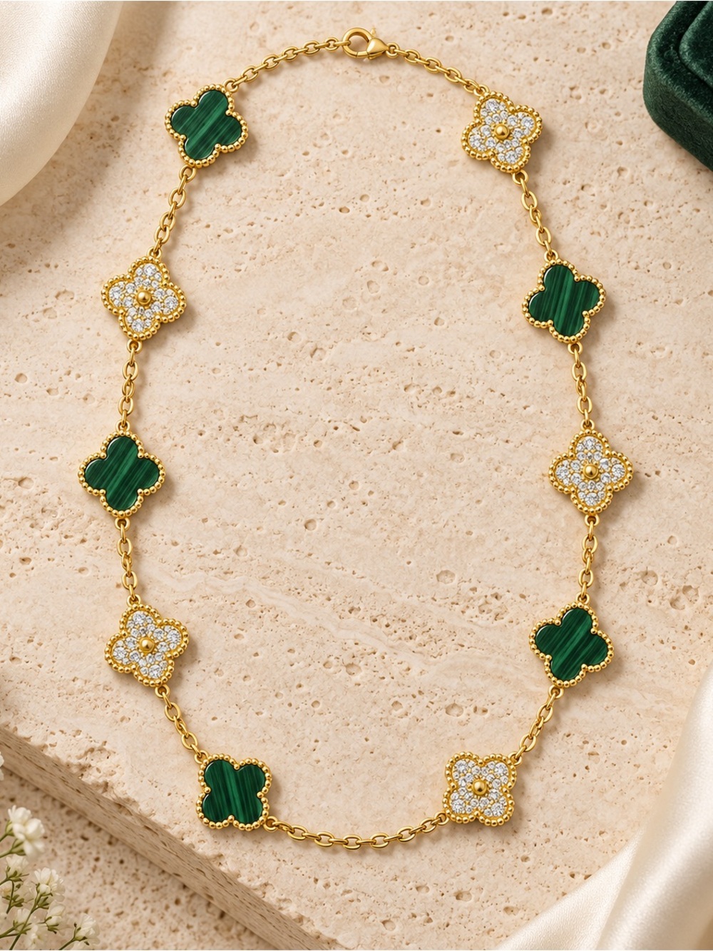 Gold and Green Clover Necklace Luxury Look